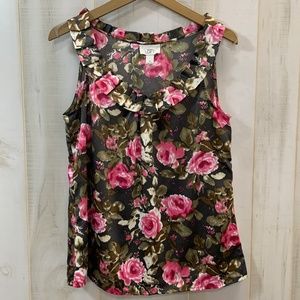 Ann Taylor LOFT Brown Pink Floral Top Ruffle Med